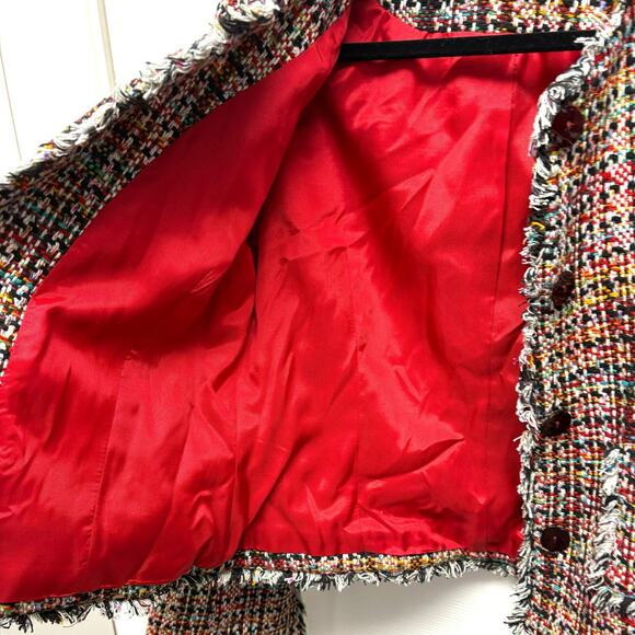 Emil Rutenberg Silk Tweed Jacket, Cropped Red Plaid Coat, Fringe, Size S - Picture 3 of 13